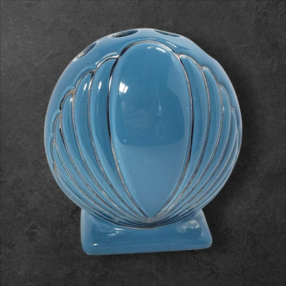 Vintage Blue Silver Seashell Toothbrush Holder Ceramic Nautical Beach Bathroom